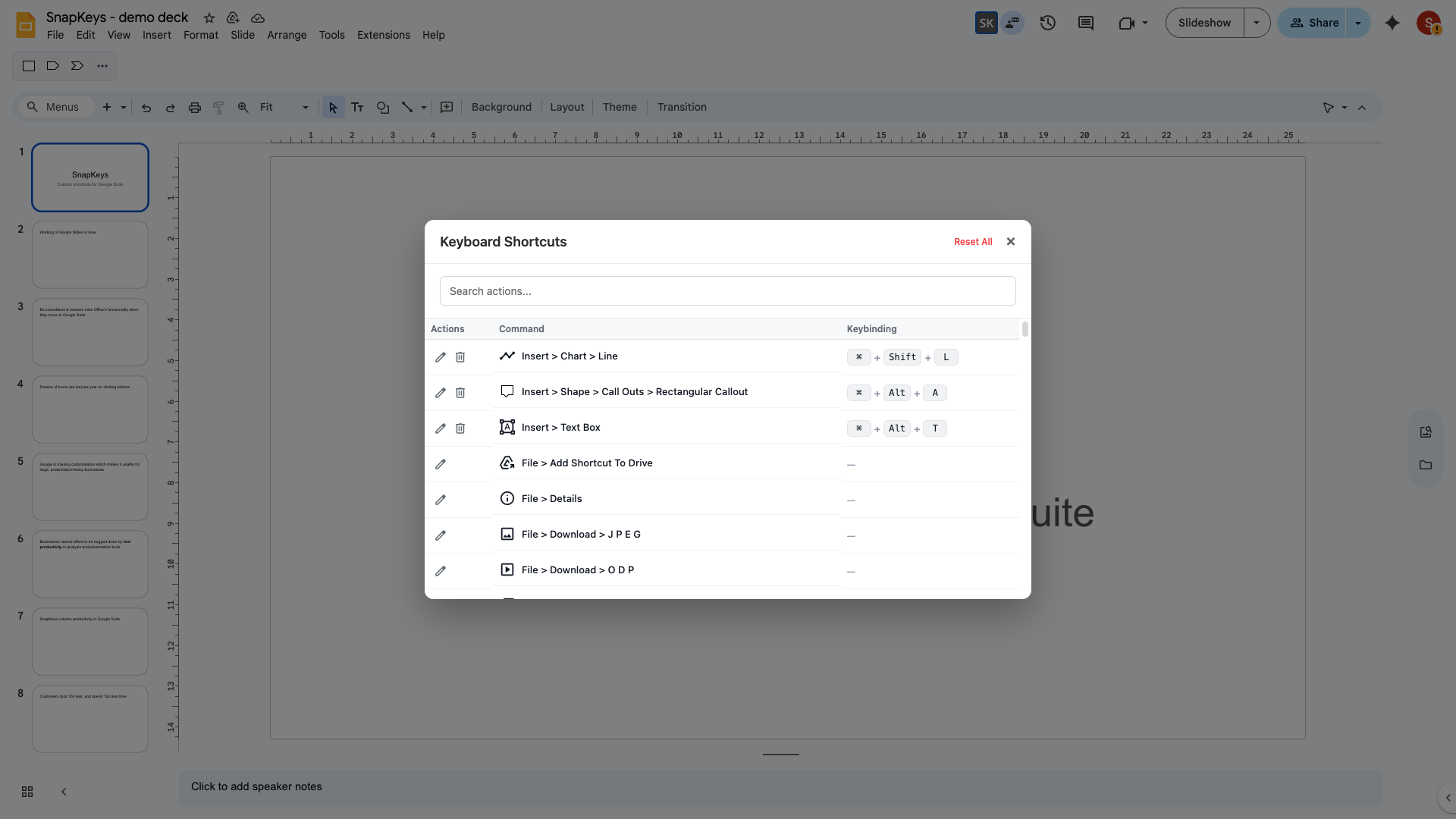 Keyboard Shortcuts settings with personally assigned combinations for a line chart, a callout and a text box.